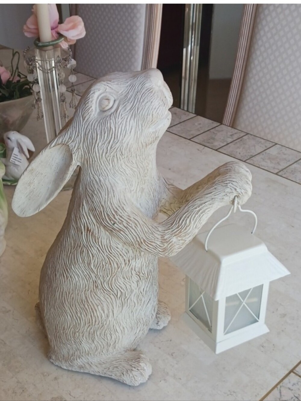 Bunny holding Lantern,NEW..ivory "Weathered"finish..Resin- Indoor/outdoor